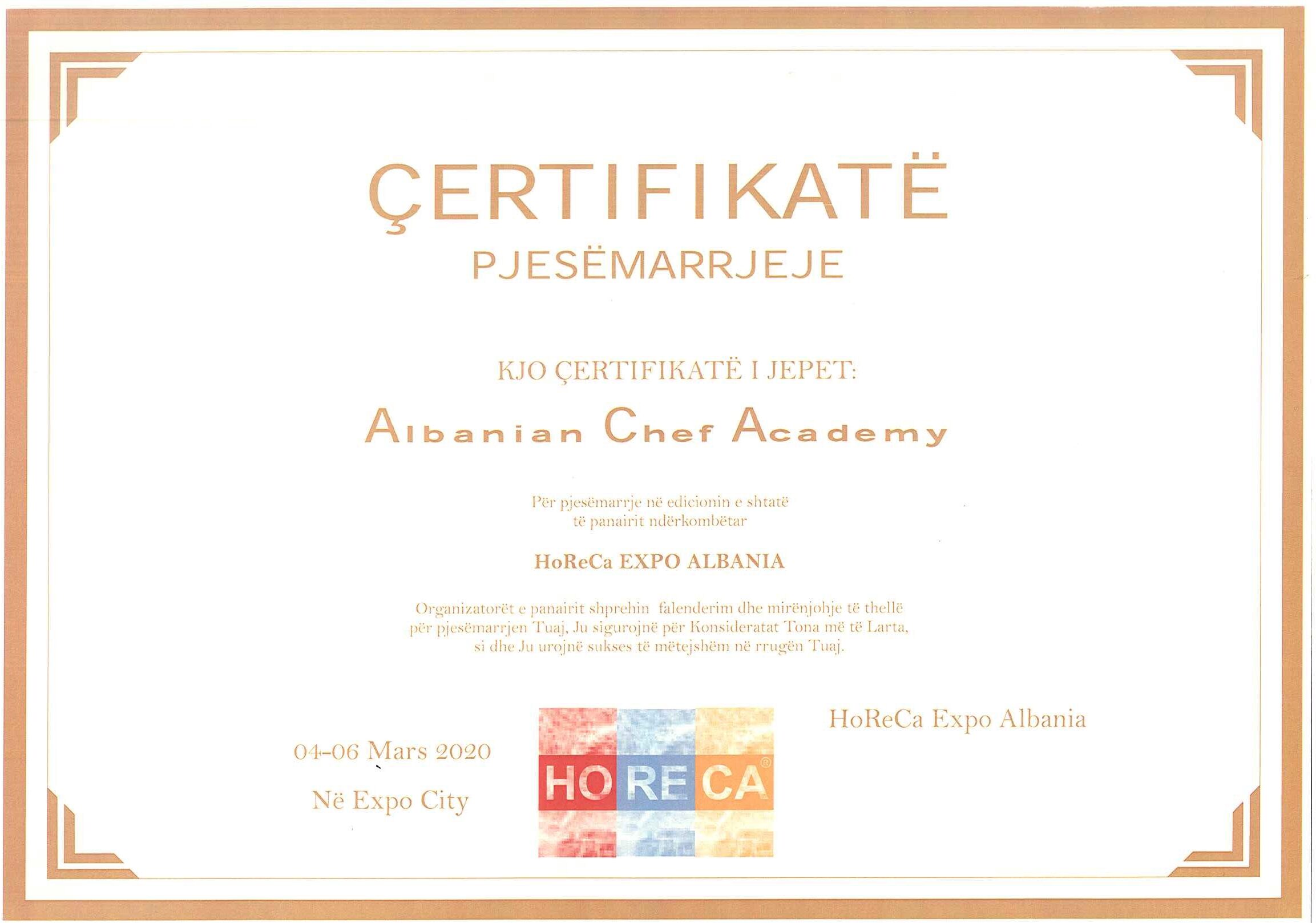 Certifikate pjesemarrjeje Albanian Chef Academy